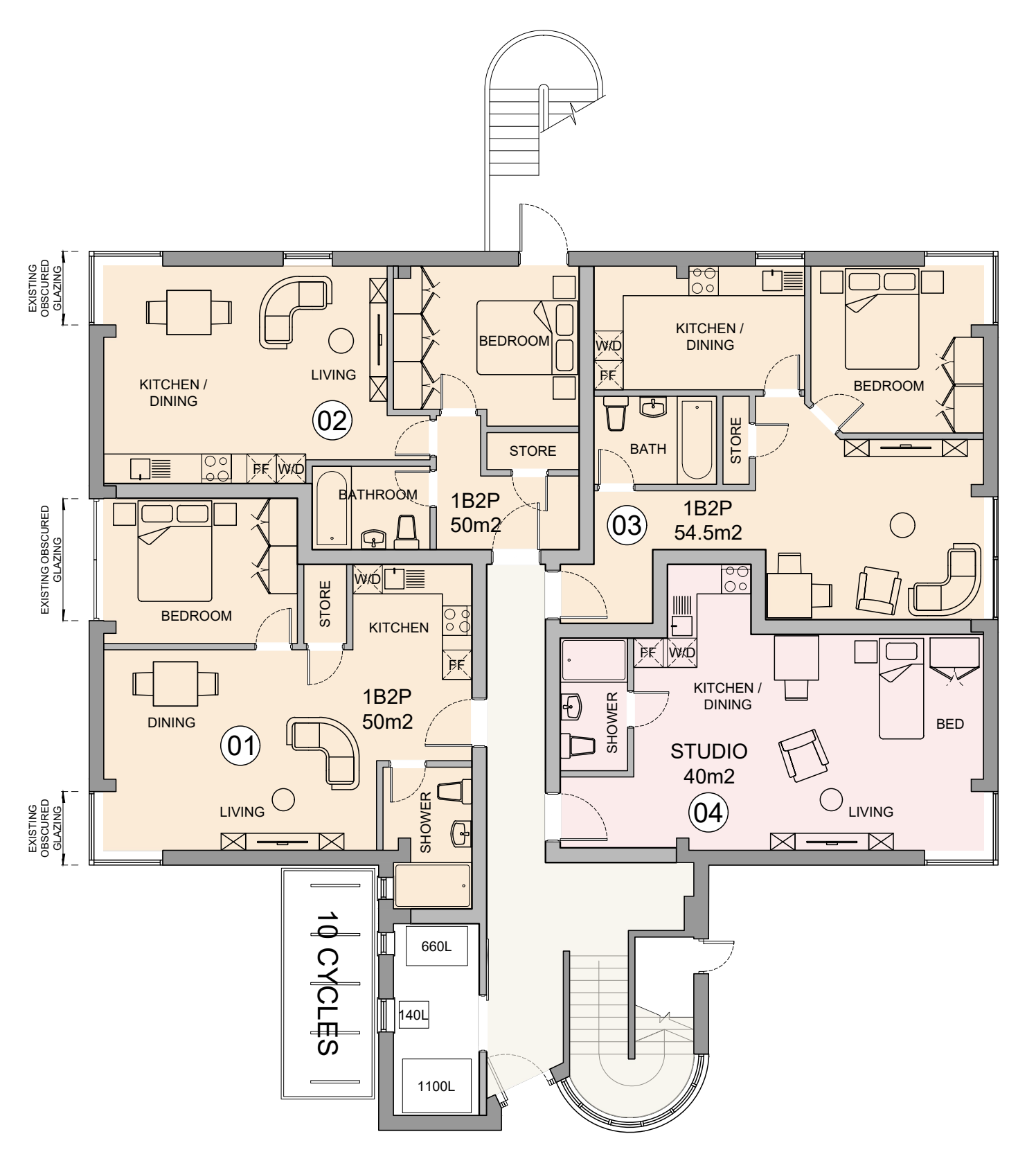 Ground floor plan of The House showing apartments H1 to H4, the entrance lobby, cycle store and bin store