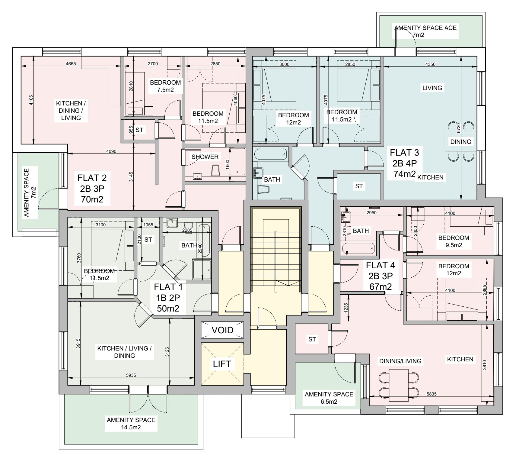 First floor plan of The Terraces showing apartments T1 to T4 with balconies and terrace