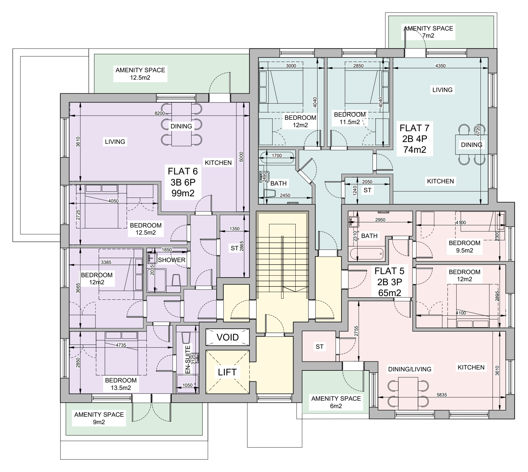 Second floor plan of The Terraces showing apartments T5 to T7