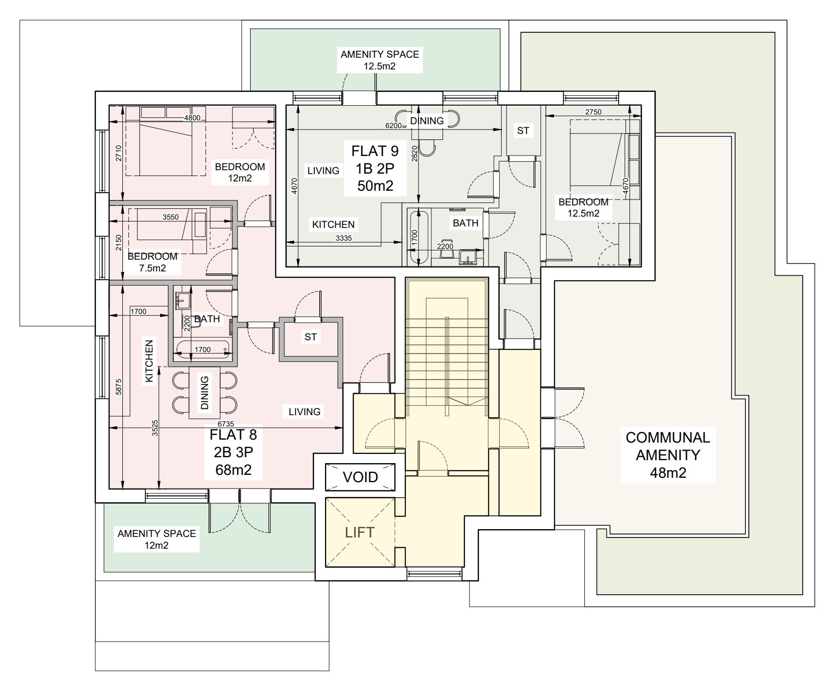 Third floor plan of The Terraces showing apartments T8 and T9 and the communal roof terrace