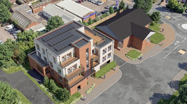 Aerial computer generated image of Persimmon House and The Terraces