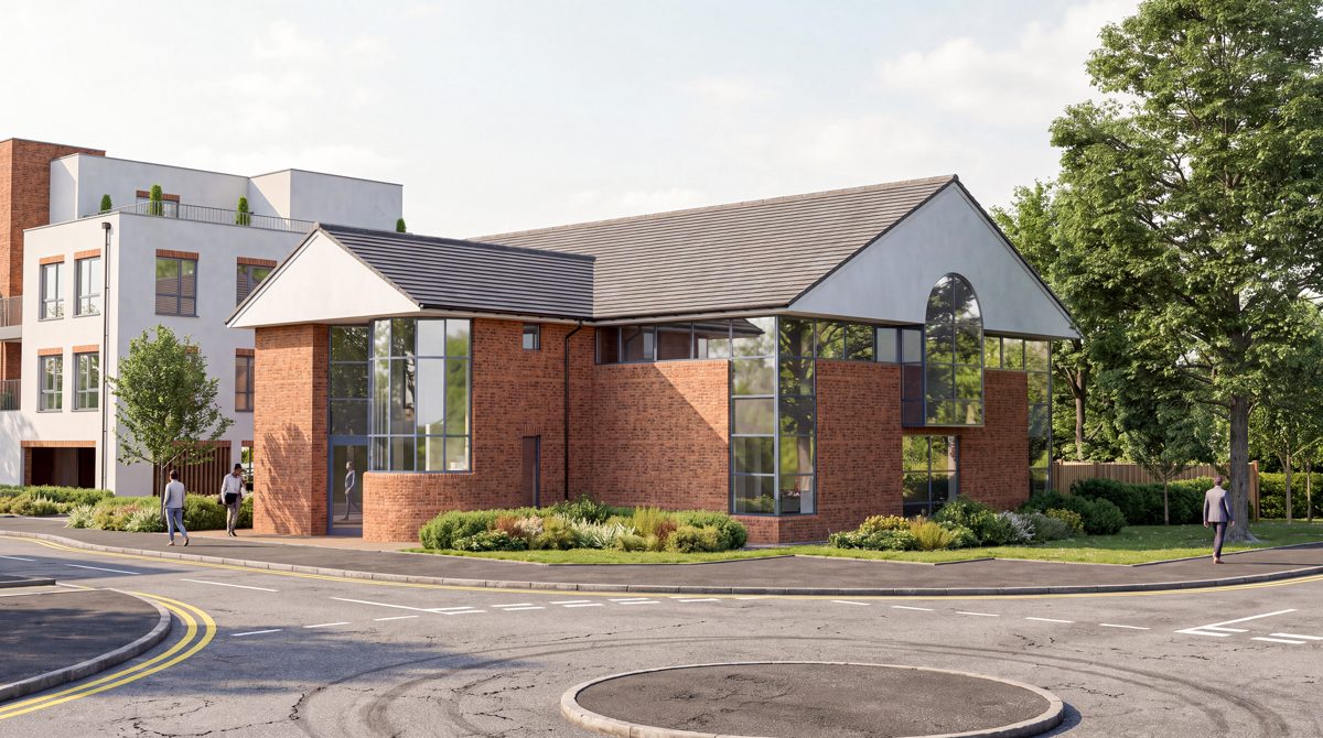 Computer generated image of The House at Persimmon House, a brick building with a pitched roof and tall glazed gables
