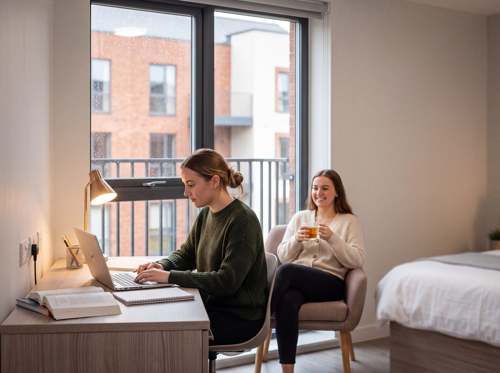 A bedroom with a desk by the window and a bed beyond