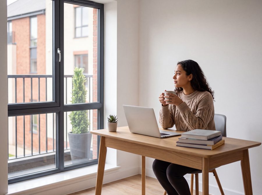 A desk by a large window