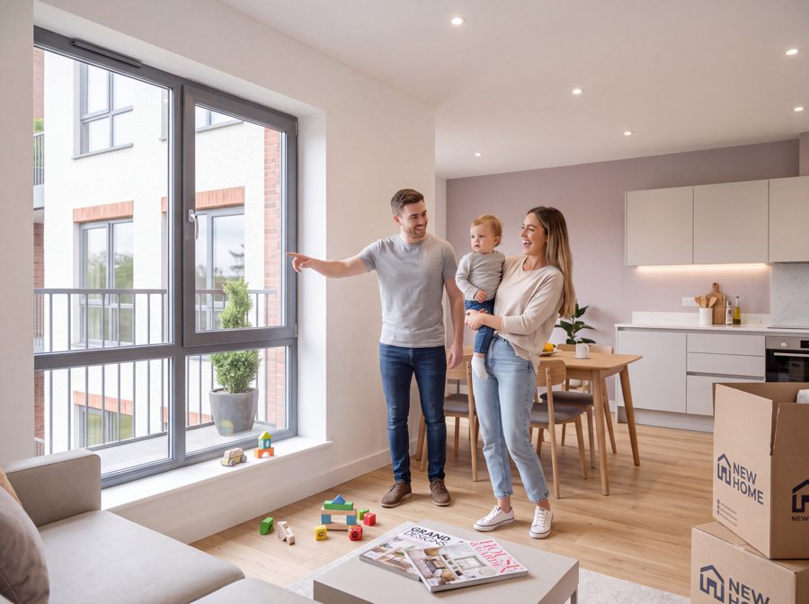 A family in a new open-plan kitchen and living room