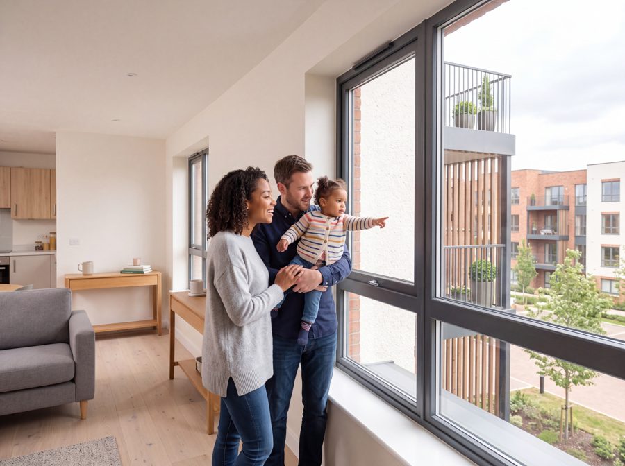 A family looking out of a large apartment window